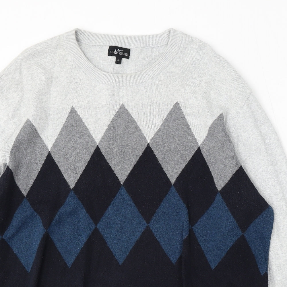NEXT Mens Grey Round Neck Argyle/Diamond Cotton Pullover Jumper Size XL