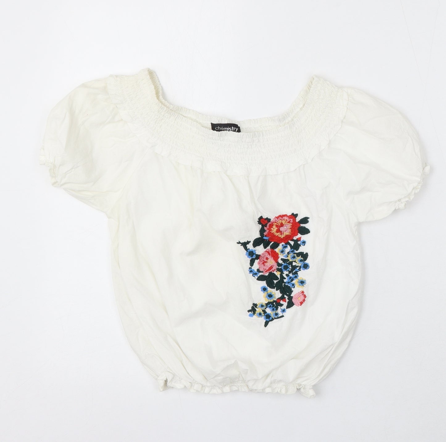 Chemistry Womens White Floral Cotton Basic Blouse Size 8 Round Neck