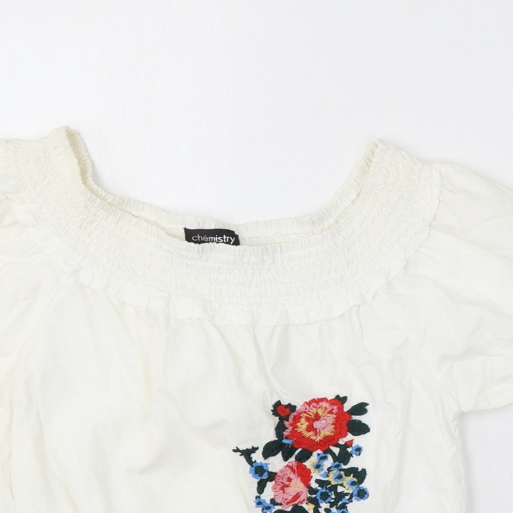 Chemistry Womens White Floral Cotton Basic Blouse Size 8 Round Neck