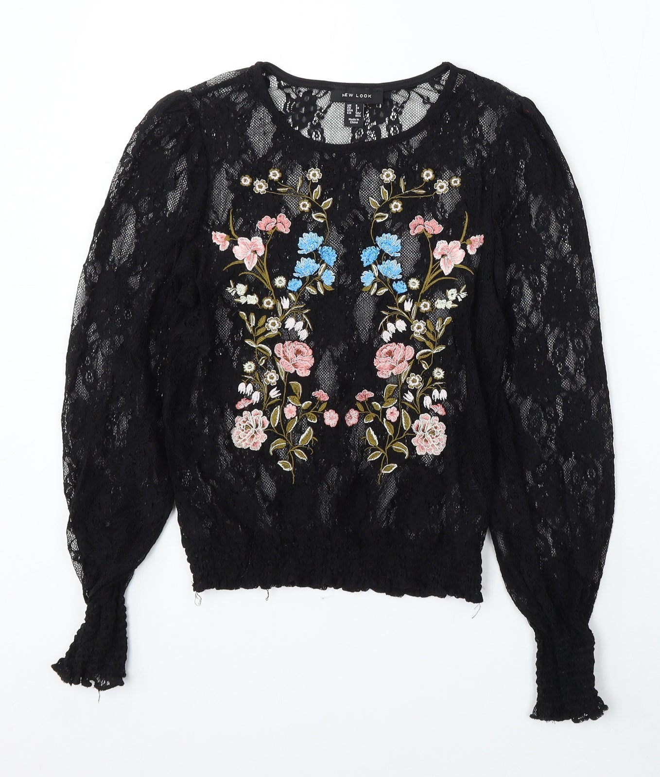 New Look Womens Black Floral Polyamide Basic Blouse Size 6 Round Neck