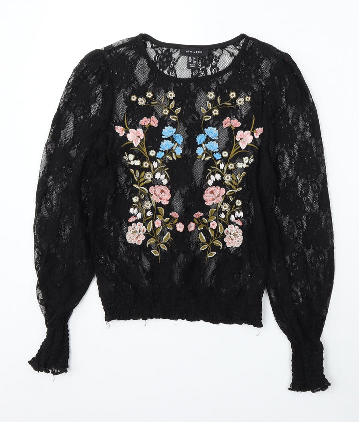 New Look Womens Black Floral Polyamide Basic Blouse Size 6 Round Neck