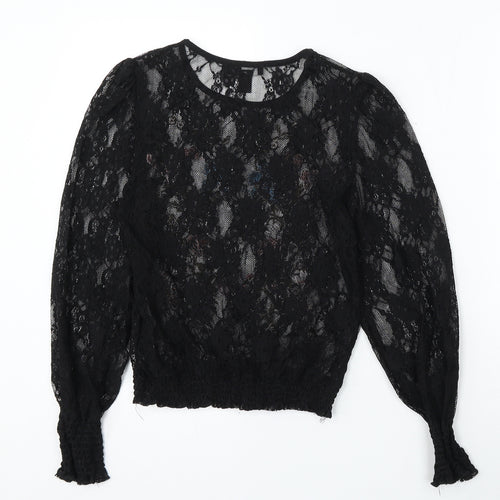 New Look Womens Black Floral Polyamide Basic Blouse Size 6 Round Neck