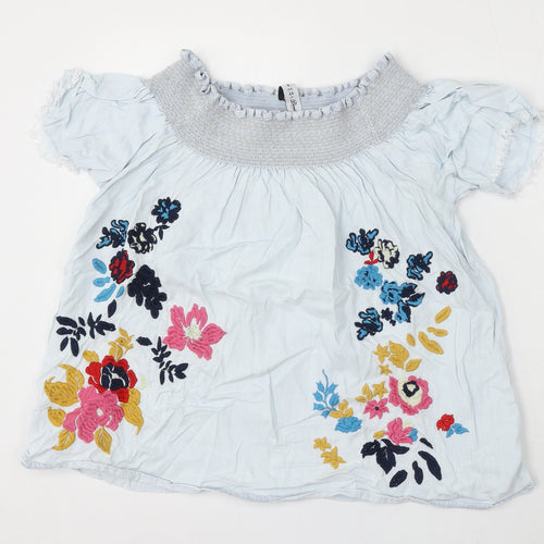 Denim & Co. Womens Blue Floral Cotton Basic Blouse Size 12 Round Neck