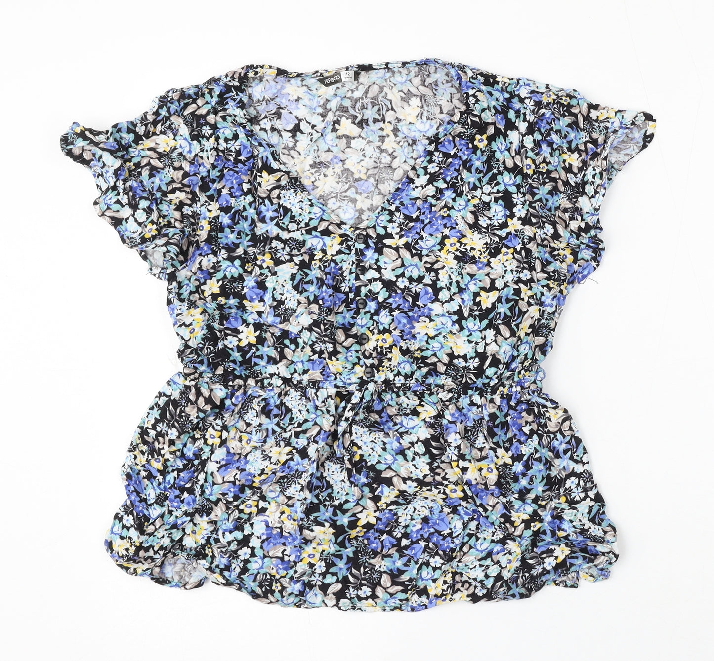 Pep&Co Womens Blue Floral Polyester Basic Blouse Size 12 V-Neck