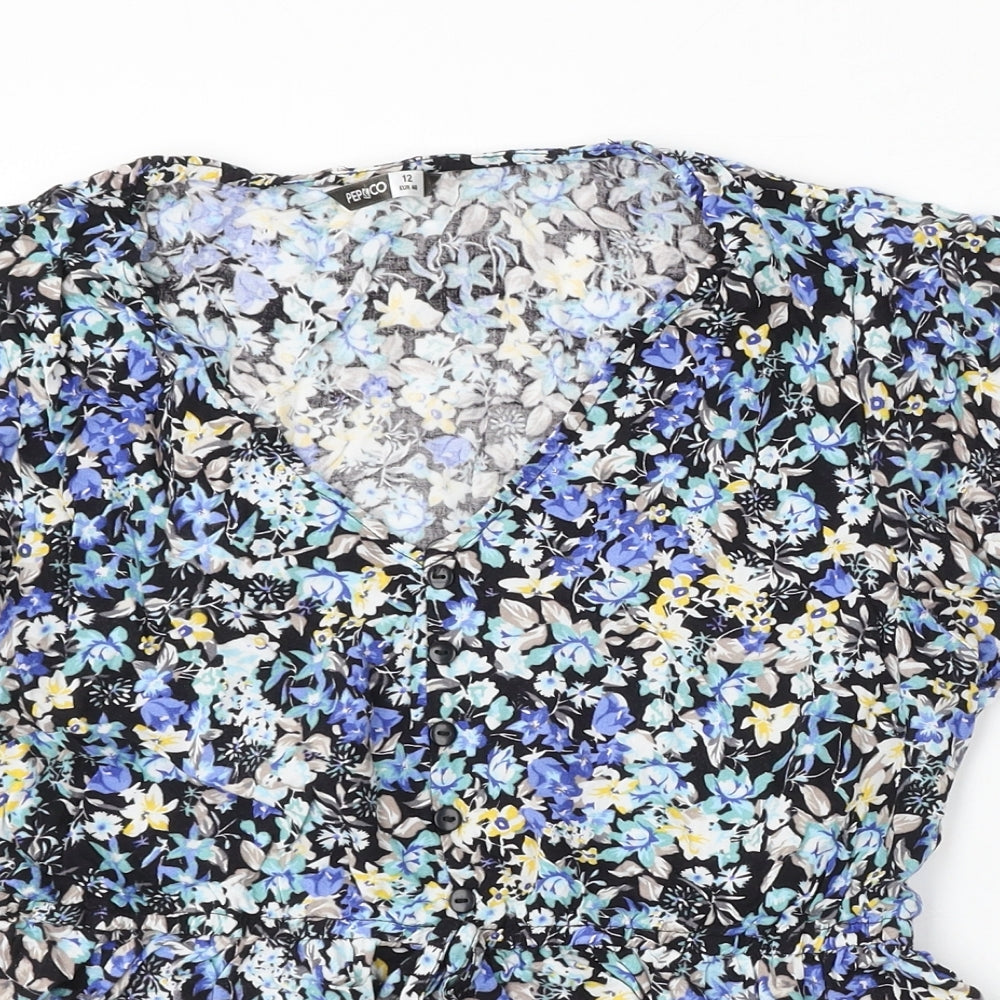 Pep&Co Womens Blue Floral Polyester Basic Blouse Size 12 V-Neck