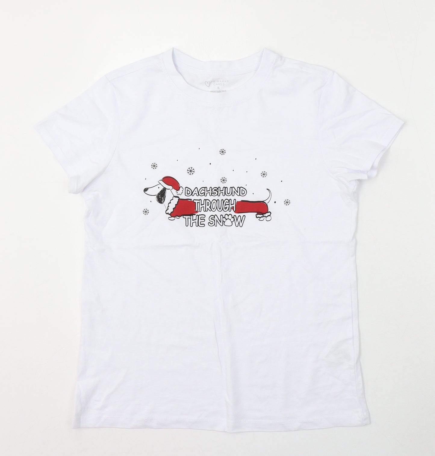 Primark Womens White Cotton Basic T-Shirt Size 10 Round Neck - Daschund Through the Snow