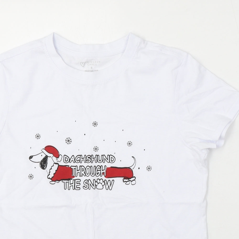 Primark Womens White Cotton Basic T-Shirt Size 10 Round Neck - Daschund Through the Snow