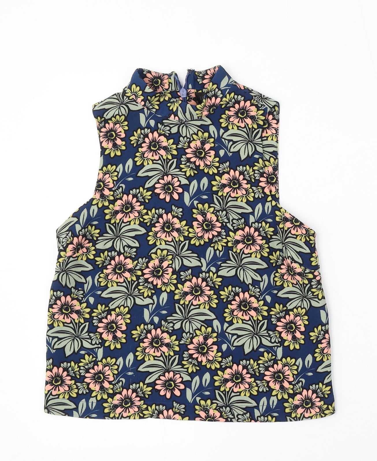 Topshop Womens Blue Floral Polyester Basic Tank Size 6 Round Neck
