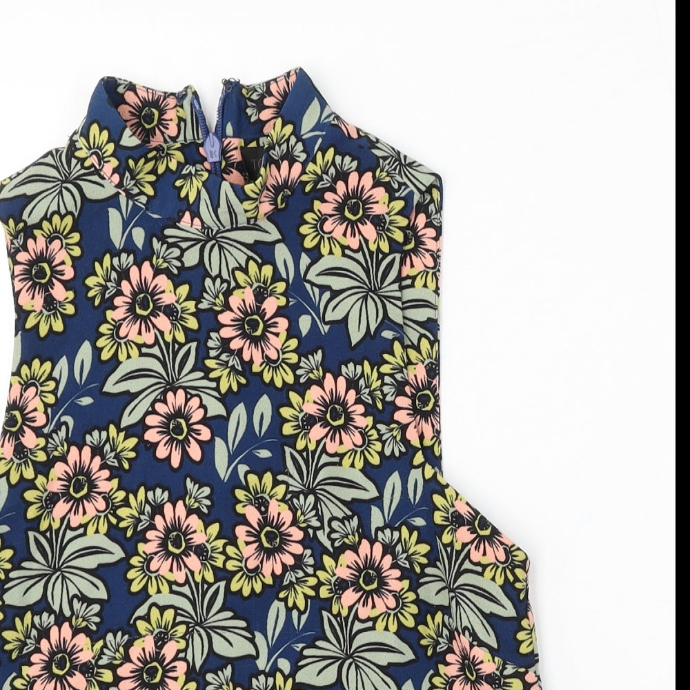 Topshop Womens Blue Floral Polyester Basic Tank Size 6 Round Neck