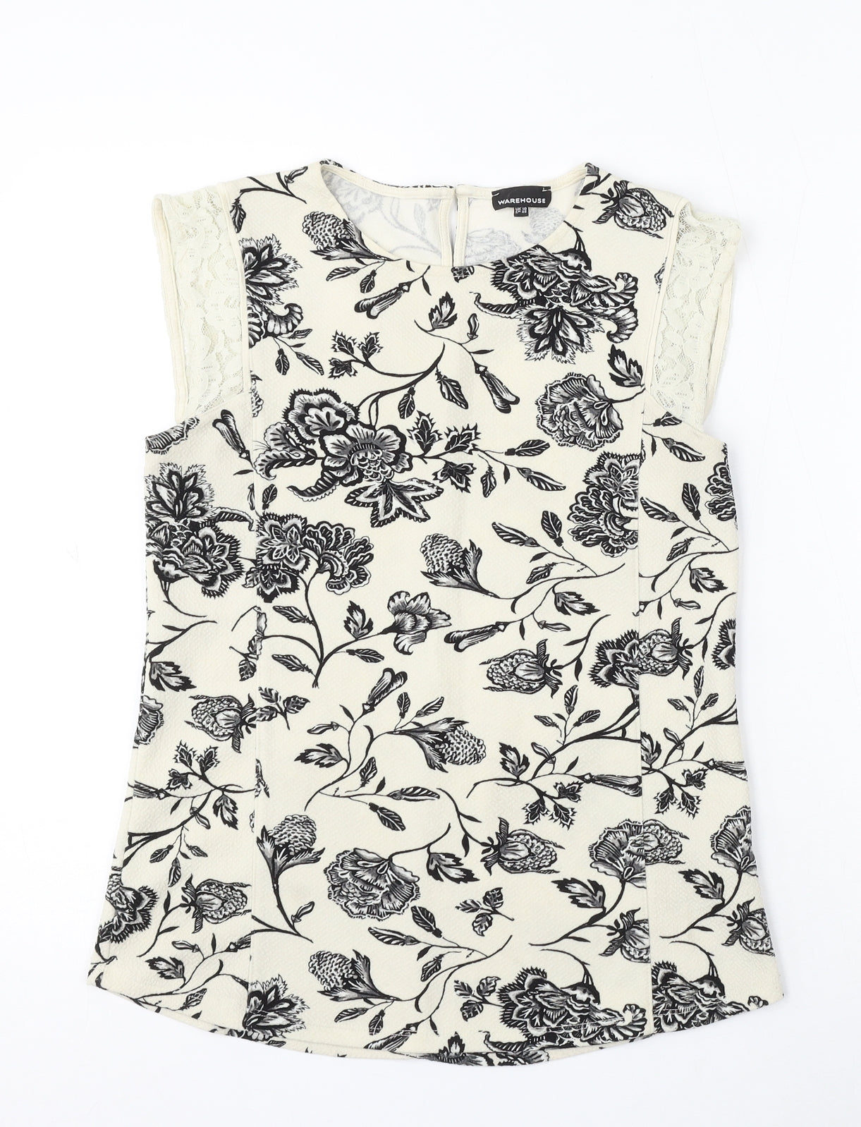 Warehouse Womens Ivory Floral Polyester Basic Tank Size 10 Round Neck - Lace Sleeve Detail