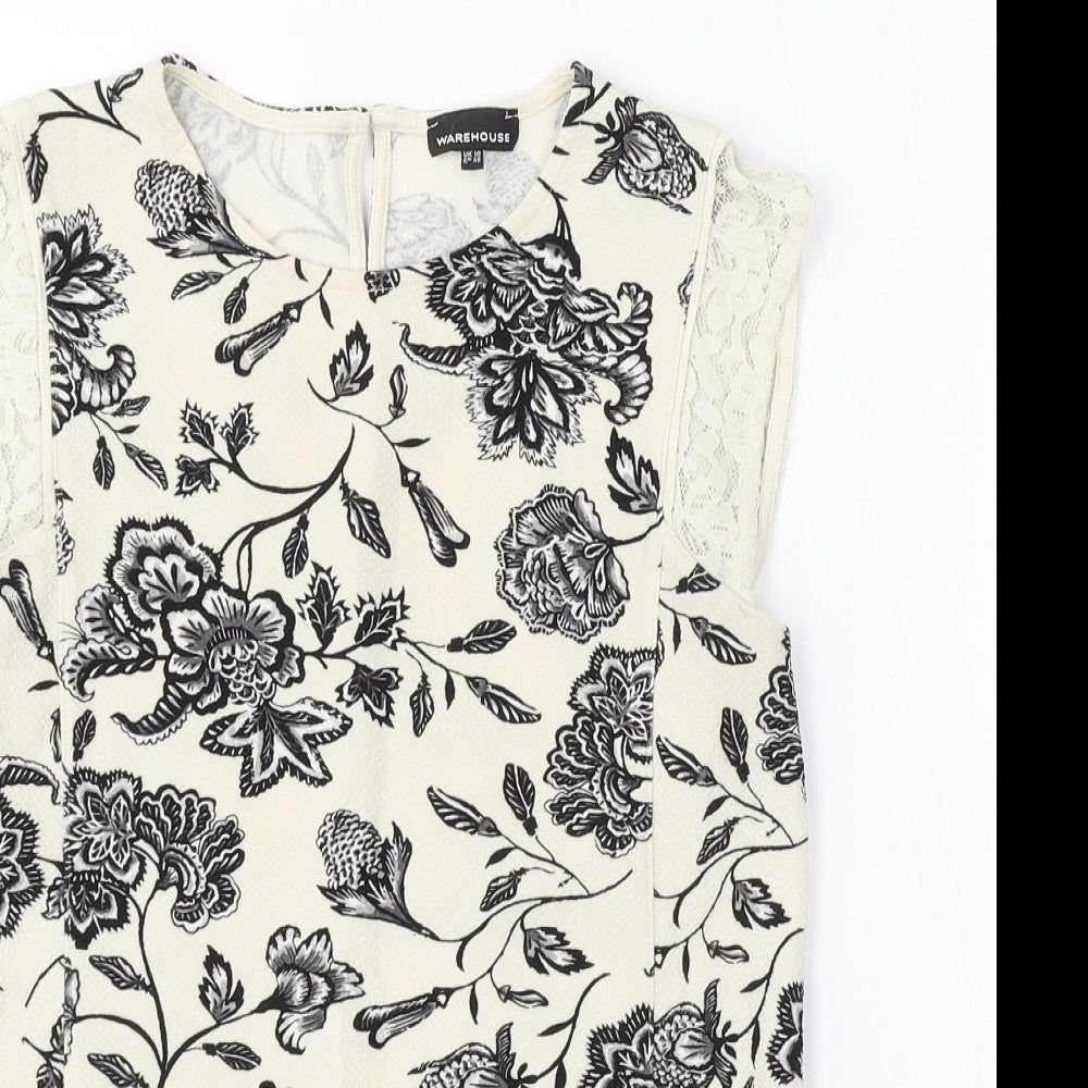 Warehouse Womens Ivory Floral Polyester Basic Tank Size 10 Round Neck - Lace Sleeve Detail