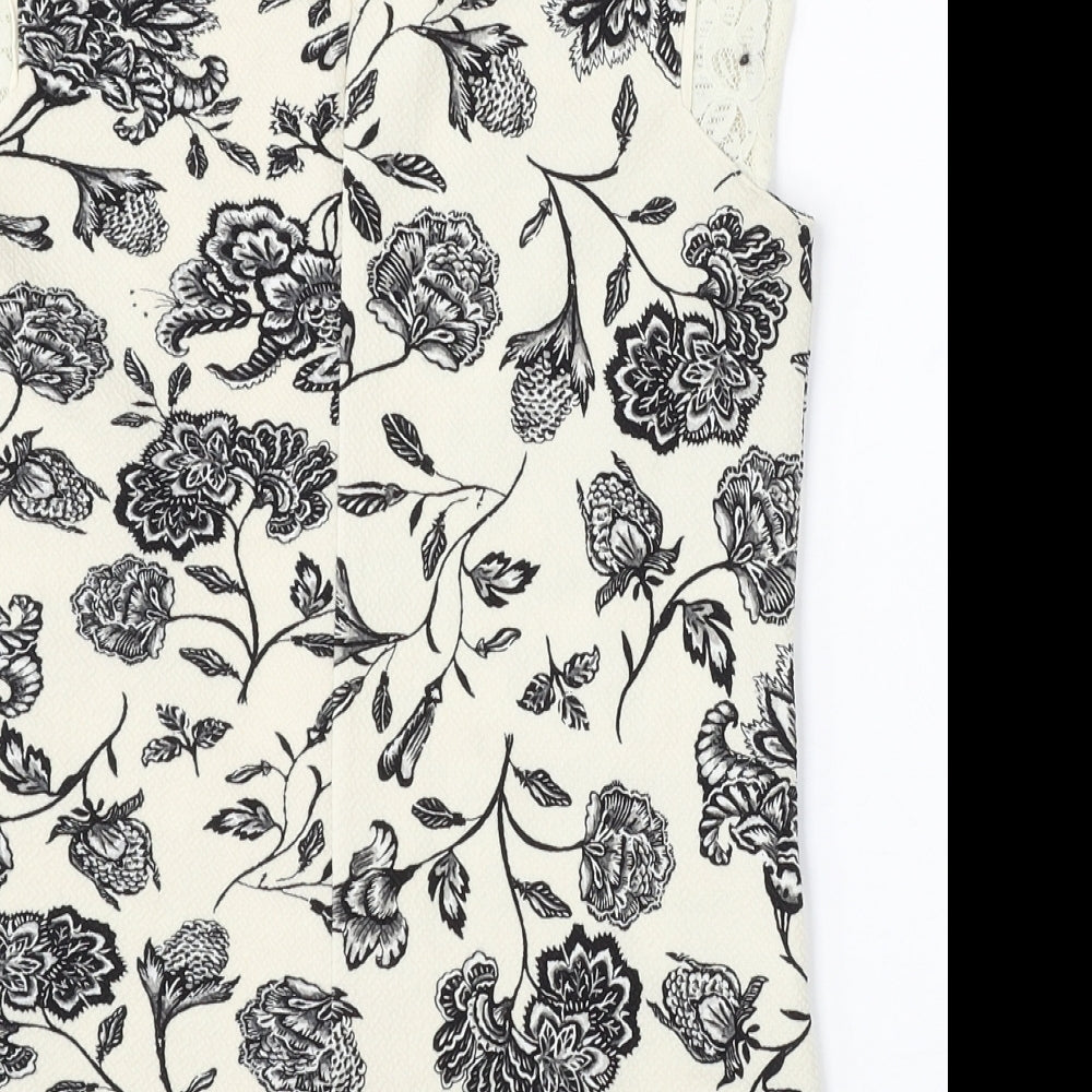 Warehouse Womens Ivory Floral Polyester Basic Tank Size 10 Round Neck - Lace Sleeve Detail