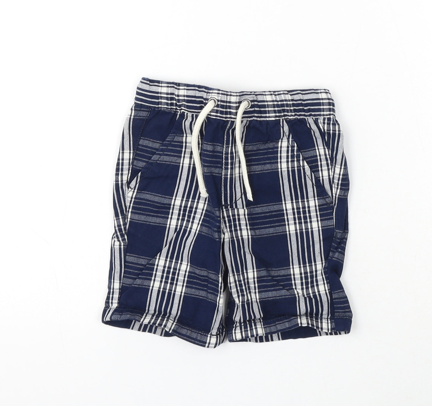 NEXT Boys Blue Check Cotton Cropped Trousers Size 12-18 Months Drawstring - Shorts