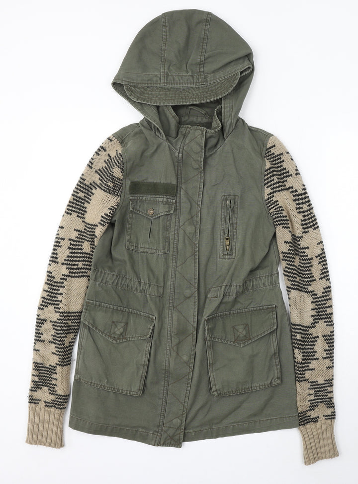 River Island Womens Green Geometric Parka Coat Size 6 Zip