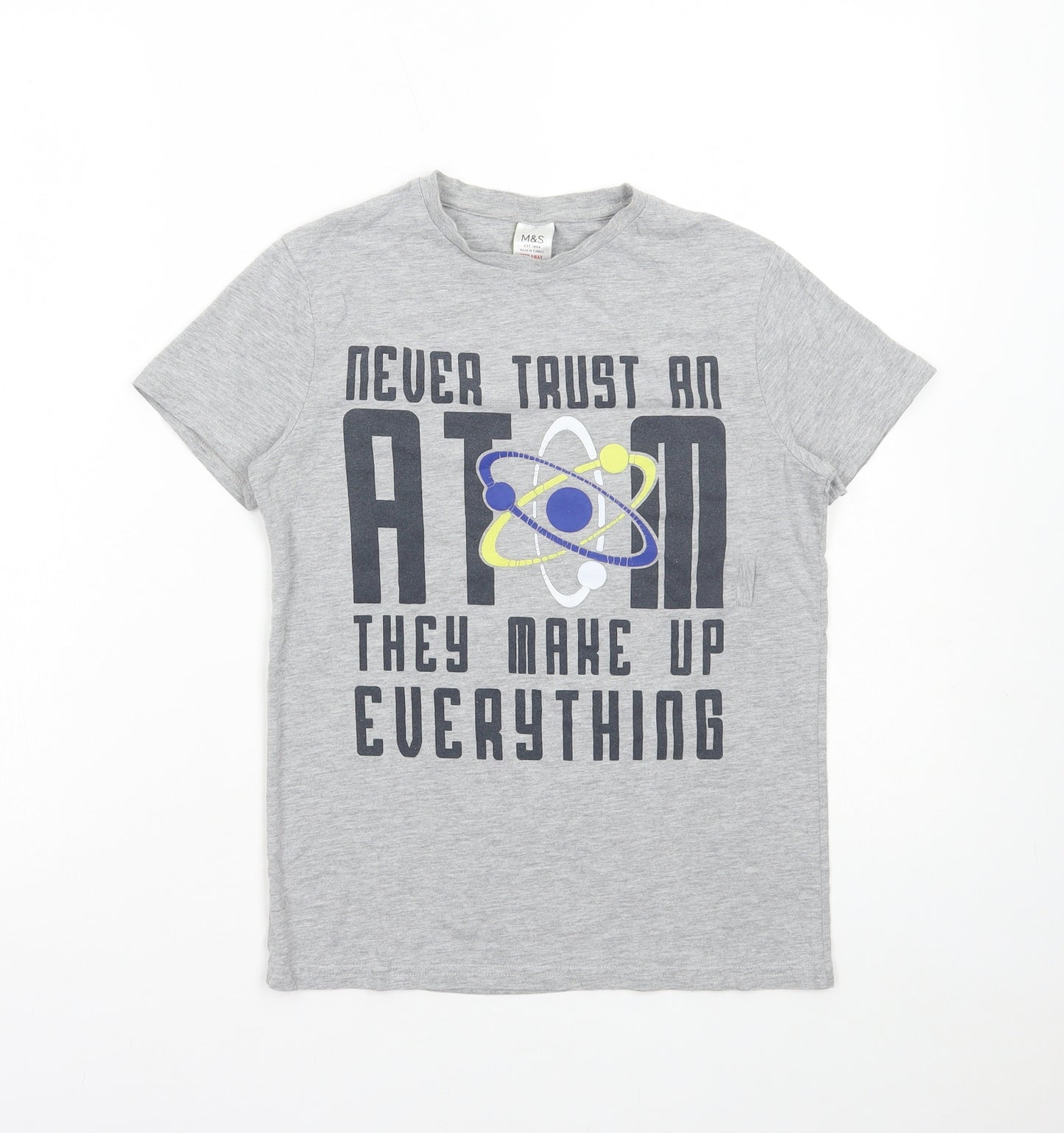 Marks and Spencer Boys Grey Cotton Basic T-Shirt Size 11-12 Years Round Neck Pullover - Atoms