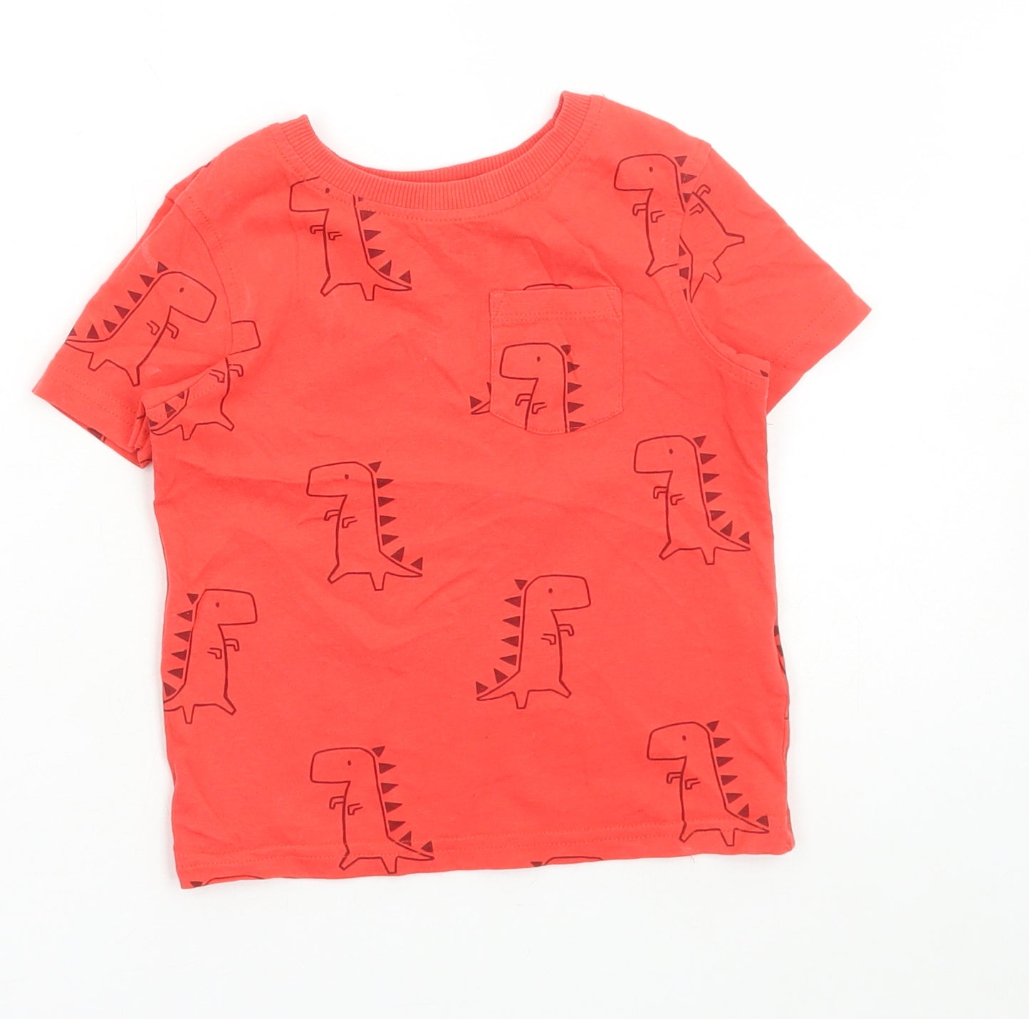 George Boys Red Geometric Cotton Basic T-Shirt Size 18-24 Months Round Neck Pullover - Dinosaur Print