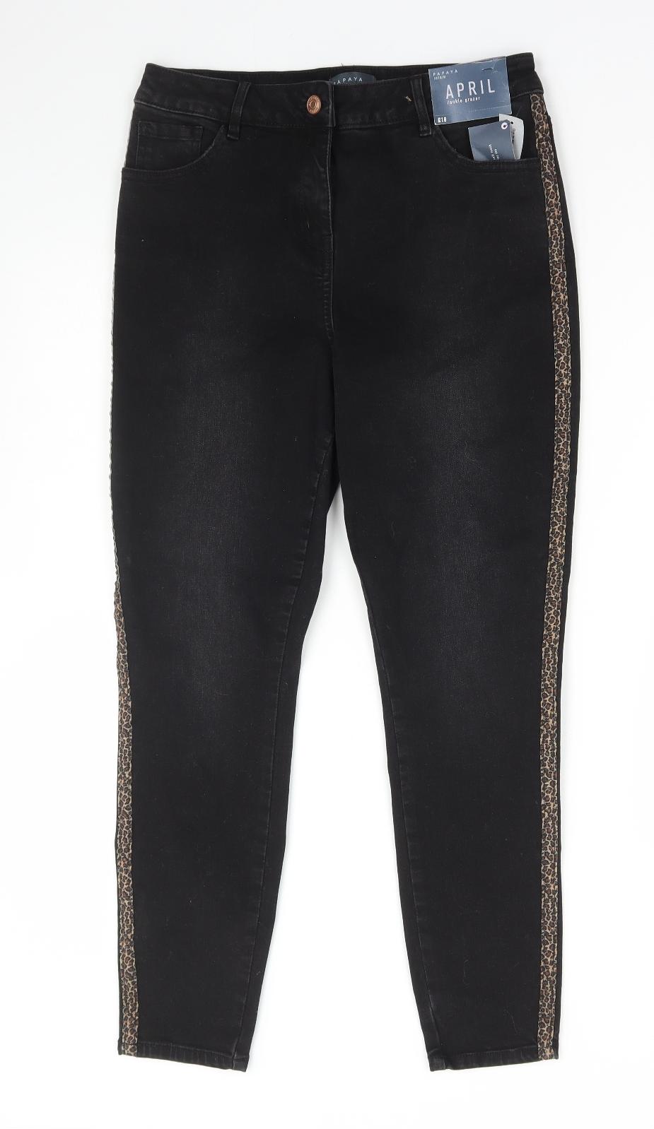 Papaya Womens Black Animal Print Cotton Skinny Jeans Size 12 L26 in Regular Zip
