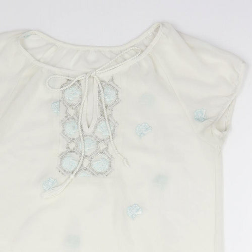 Preworn Womens White Floral Polyester Basic Blouse Size M Round Neck