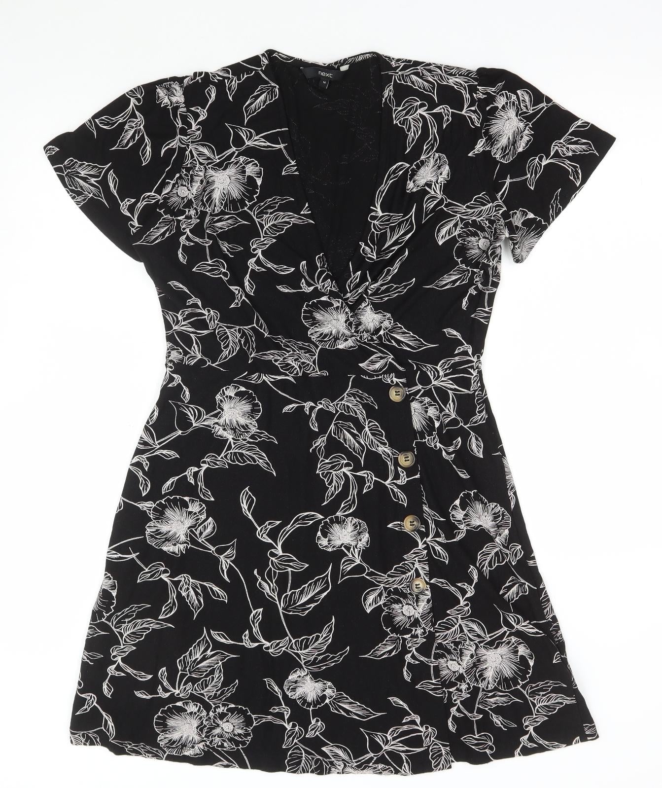 NEXT Womens Black Floral Viscose Fit & Flare Size 14 V-Neck Button