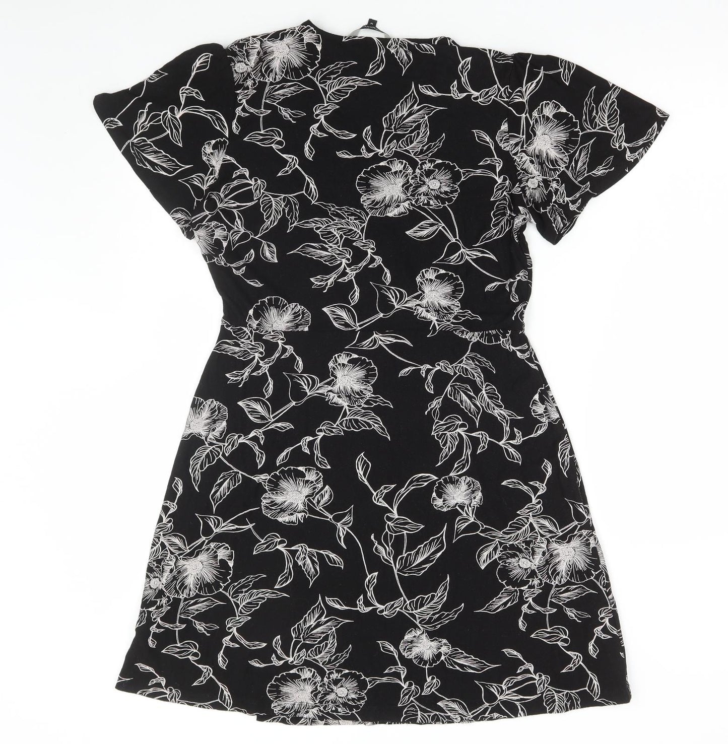 NEXT Womens Black Floral Viscose Fit & Flare Size 14 V-Neck Button