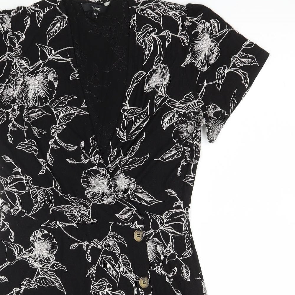 NEXT Womens Black Floral Viscose Fit & Flare Size 14 V-Neck Button