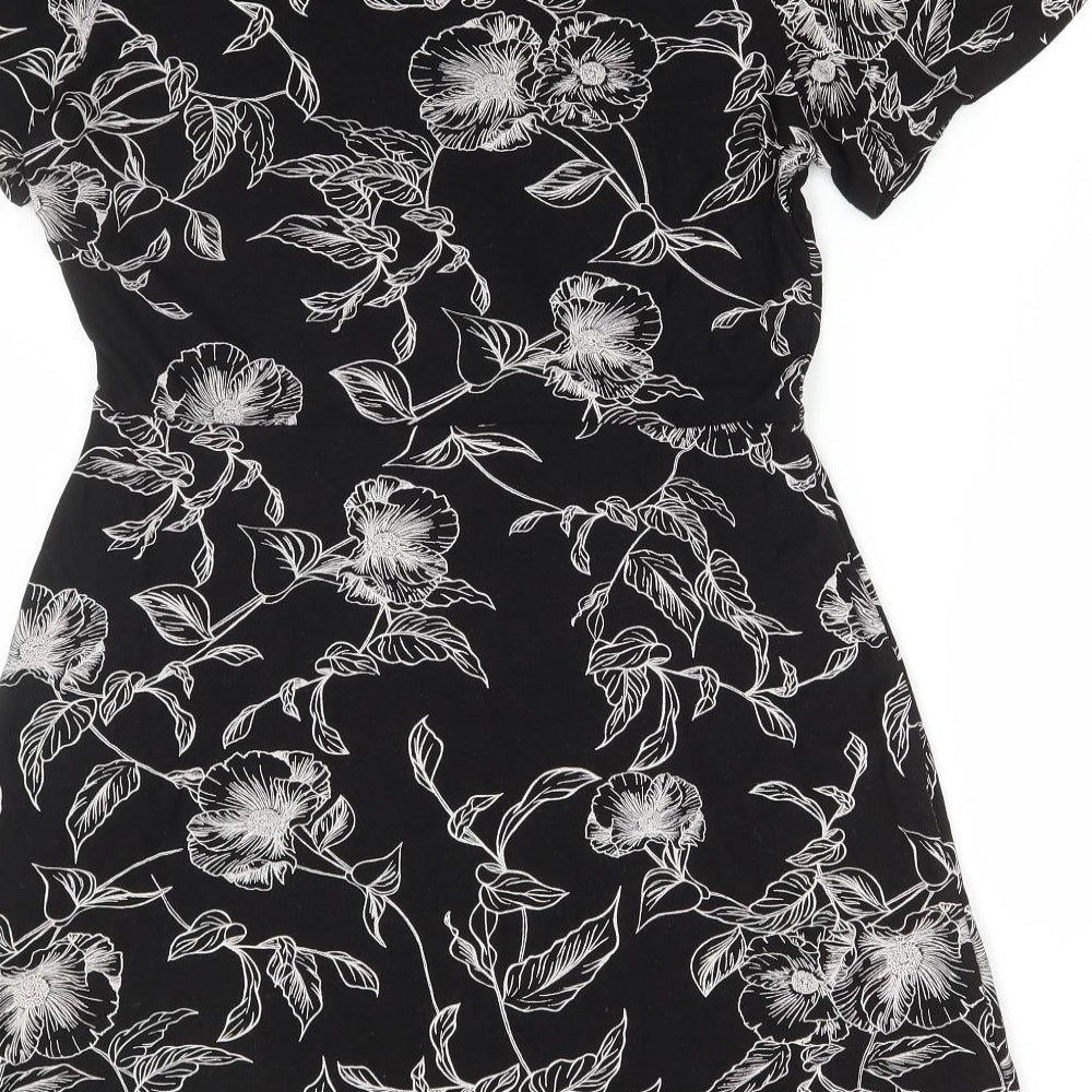 NEXT Womens Black Floral Viscose Fit & Flare Size 14 V-Neck Button