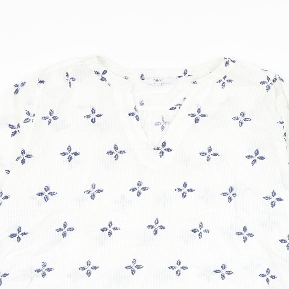 NEXT Womens White Geometric Cotton Basic Blouse Size 16 V-Neck