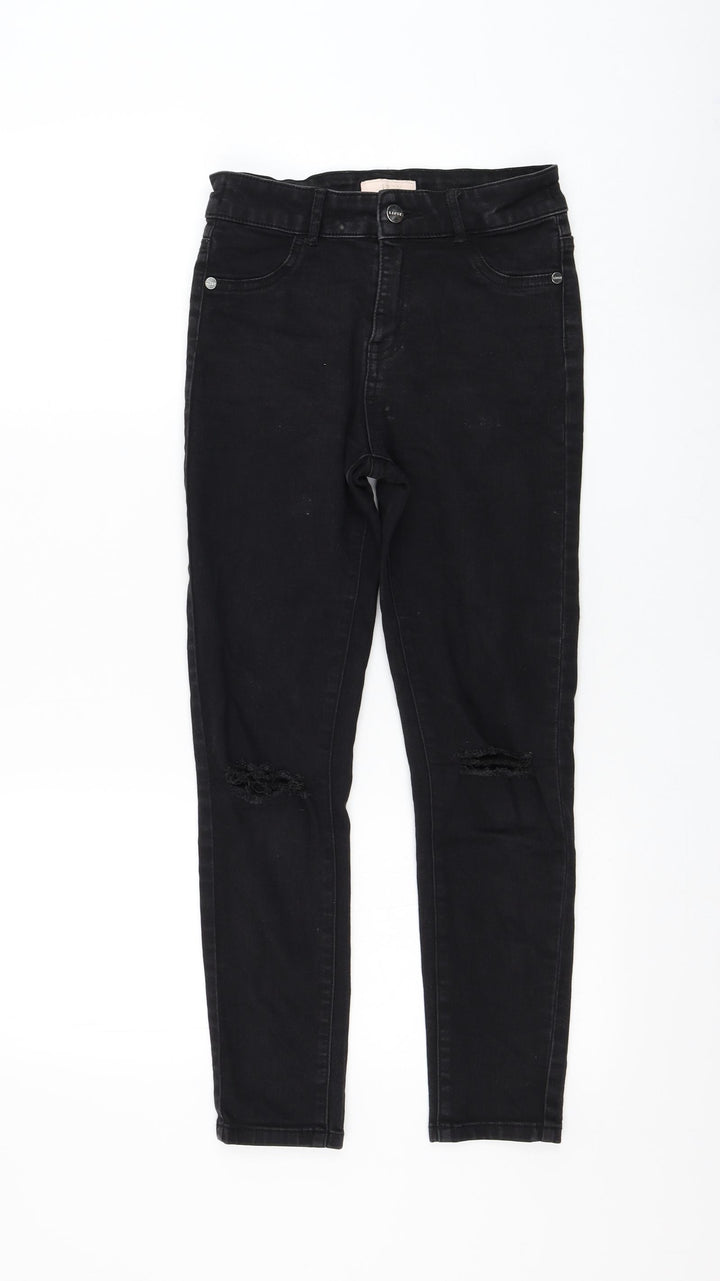 Lipsy Girls Black Cotton Skinny Jeans Size 12 Years Regular Zip - Distressed