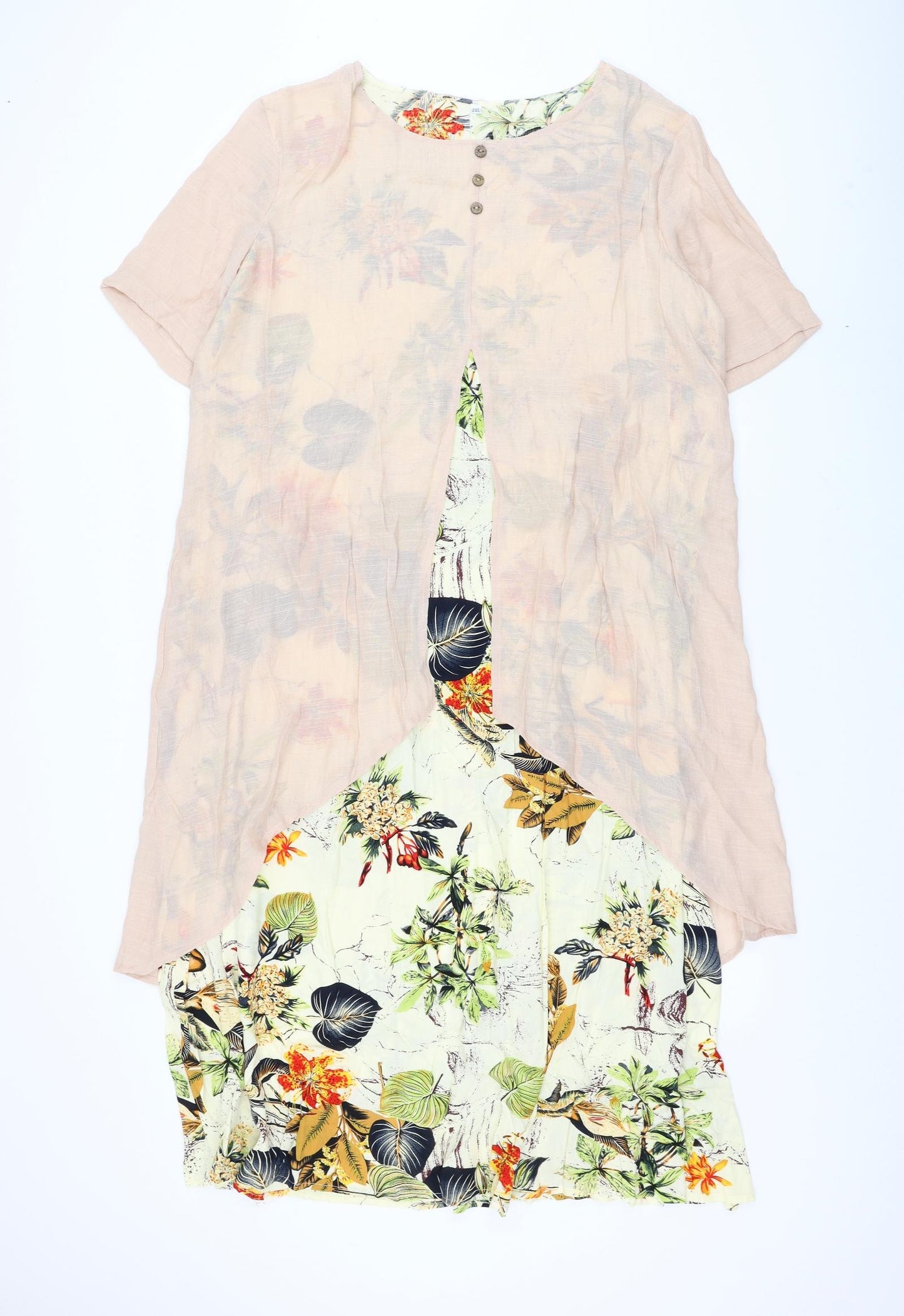 Preworn Womens Ivory Floral Cotton Shift Size 2XL Round Neck Pullover