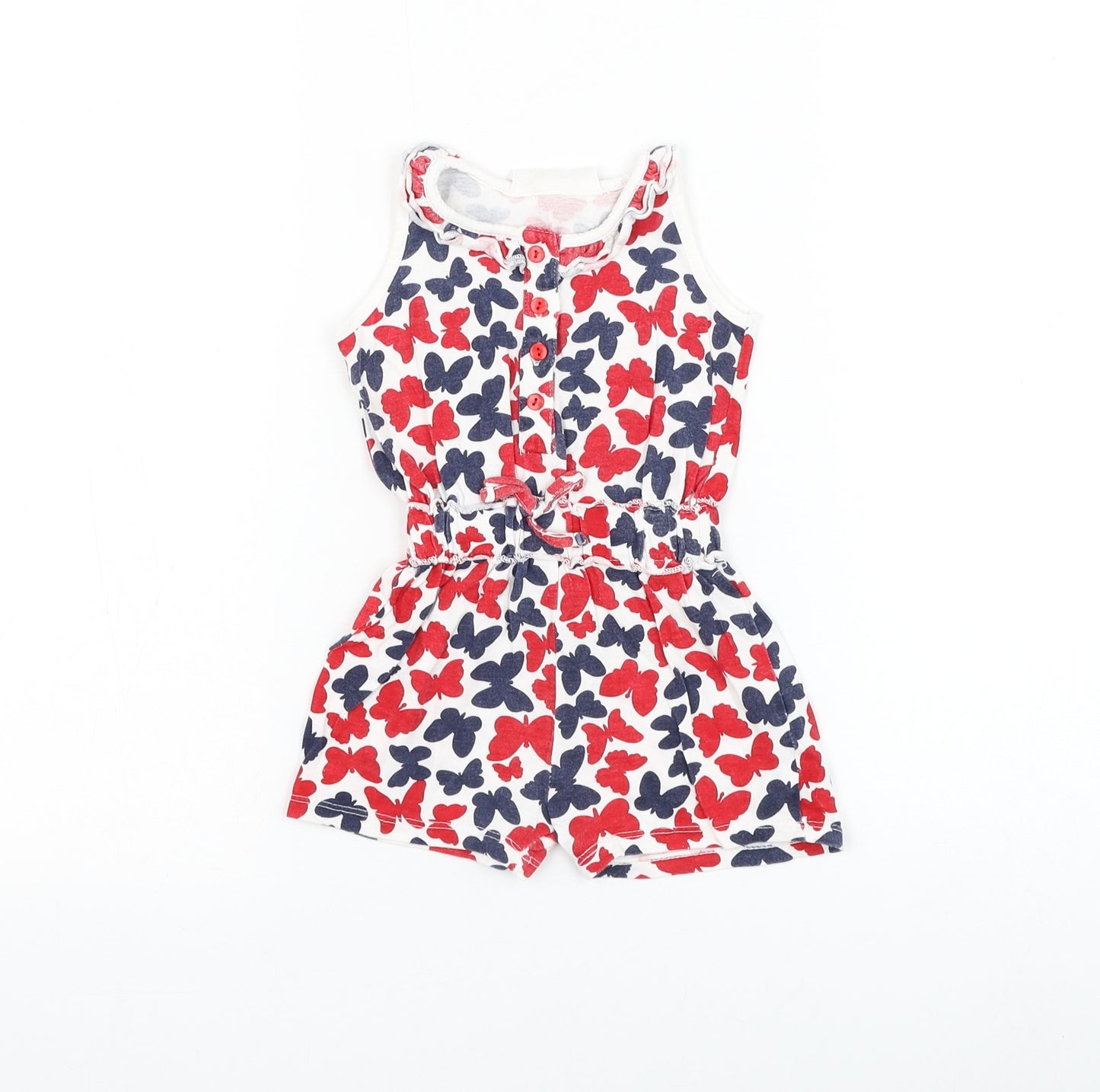 Primark Girls White Geometric Cotton Romper Outfit/Set Size 12-18 Months Button - Butterfly