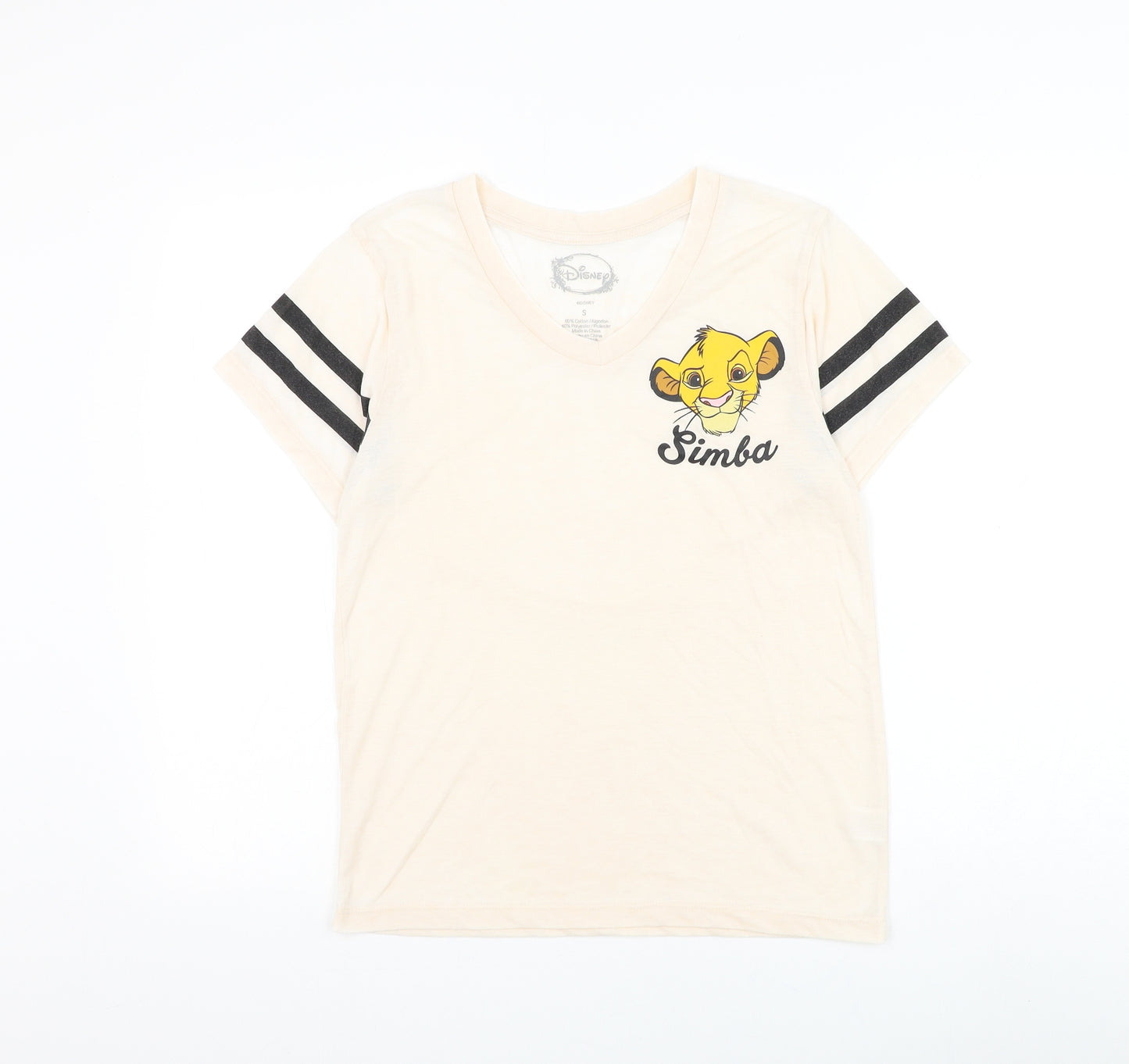 Disney Womens Beige Cotton Basic T-Shirt Size S V-Neck - Lion King Simba