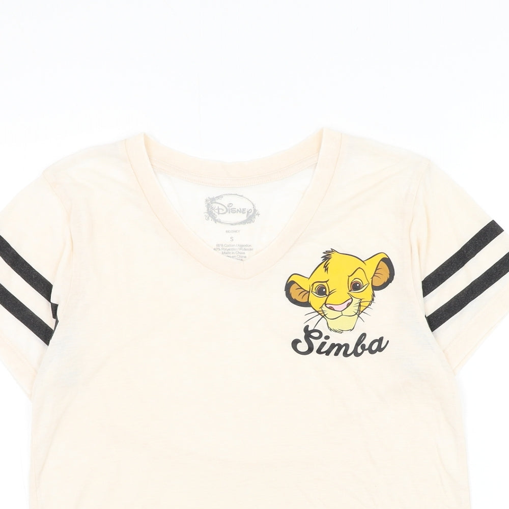 Disney Womens Beige Cotton Basic T-Shirt Size S V-Neck - Lion King Simba
