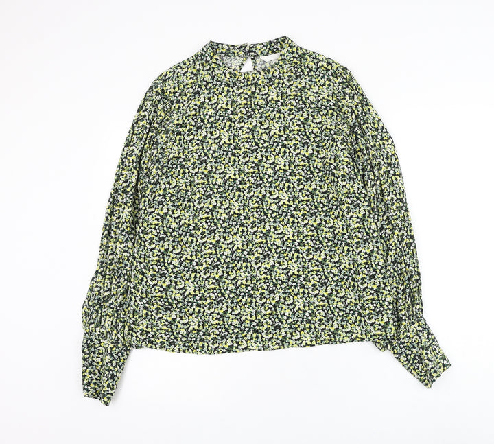 H&M Womens Green Floral Viscose Basic Blouse Size M Round Neck