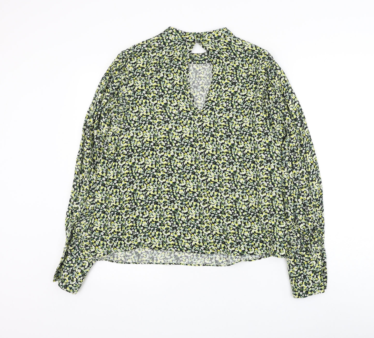 H&M Womens Green Floral Viscose Basic Blouse Size M Round Neck