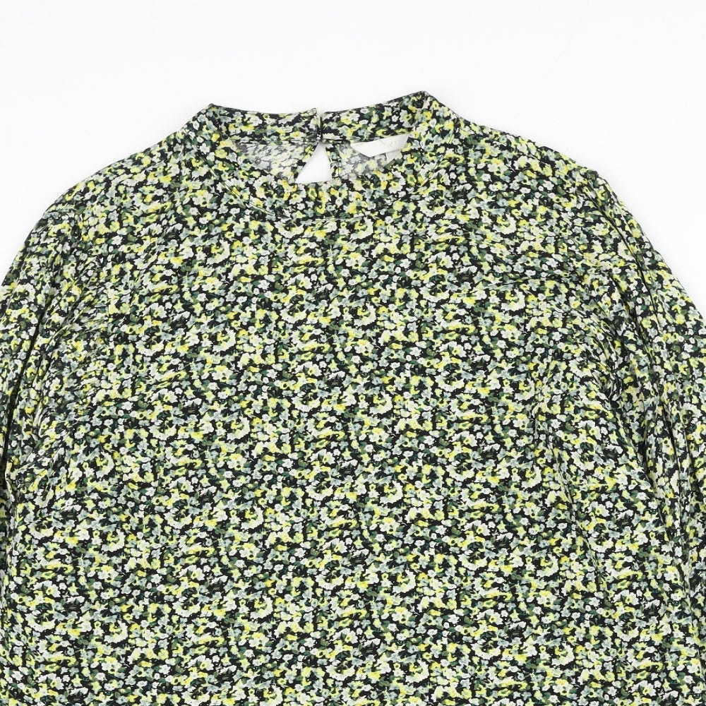 H&M Womens Green Floral Viscose Basic Blouse Size M Round Neck