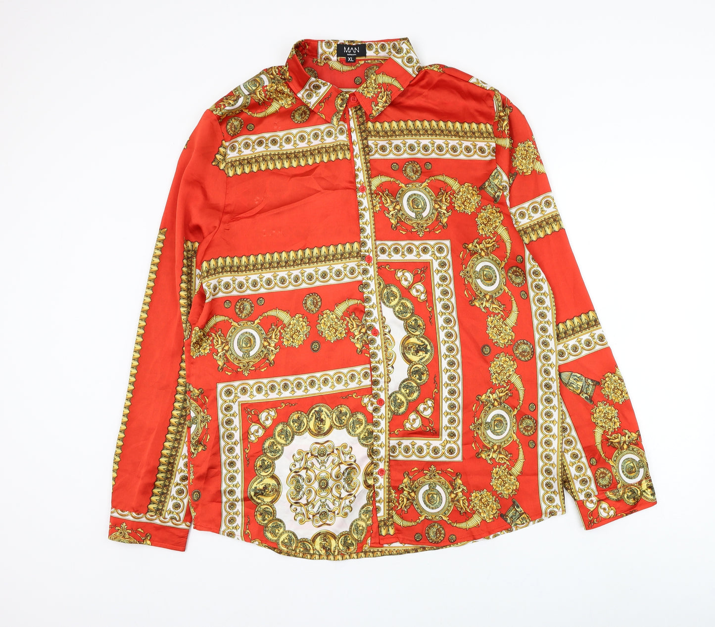BoohooMAN Mens Red Geometric Polyester Button-Up Size XL Collared Button