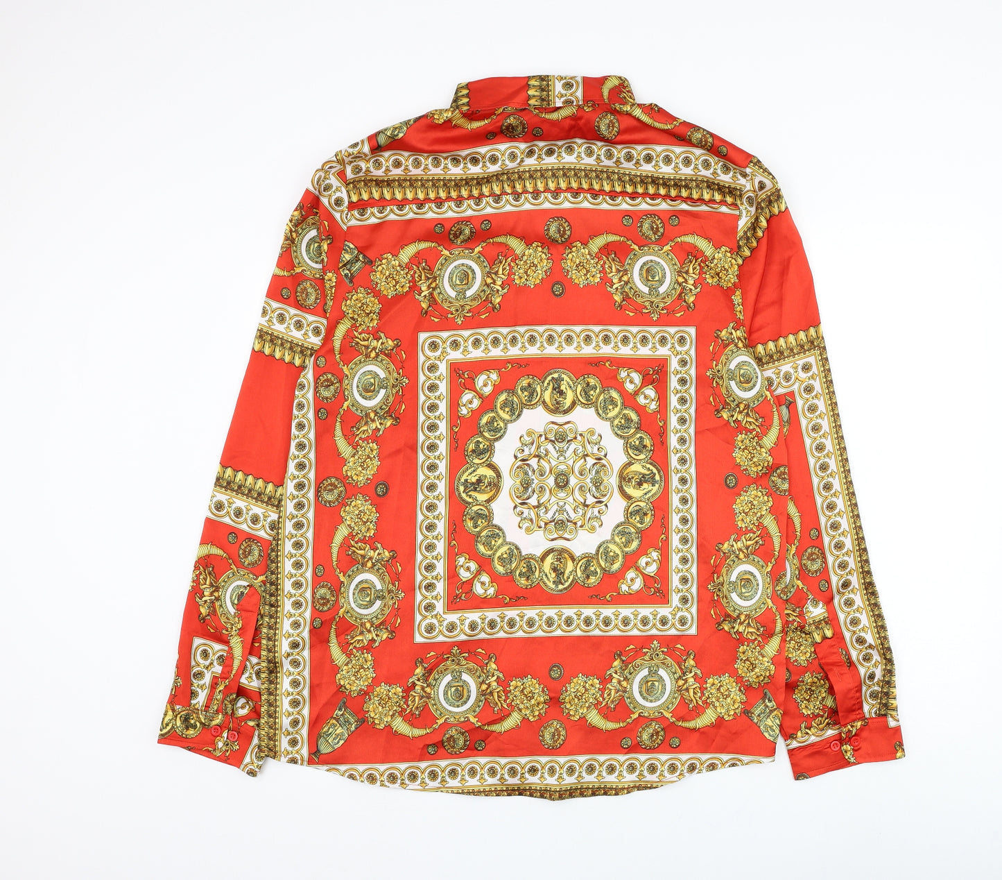 BoohooMAN Mens Red Geometric Polyester Button-Up Size XL Collared Button