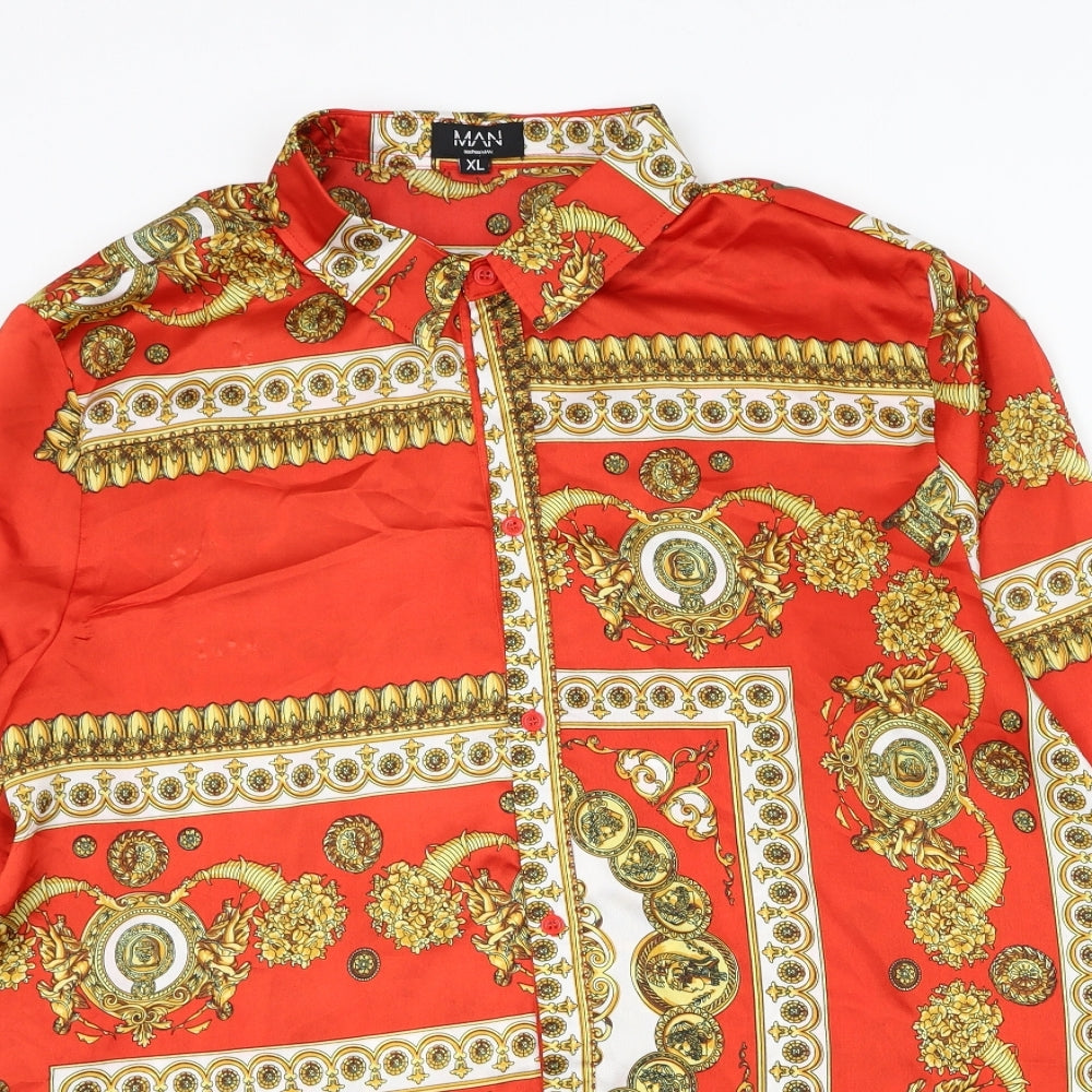 BoohooMAN Mens Red Geometric Polyester Button-Up Size XL Collared Button