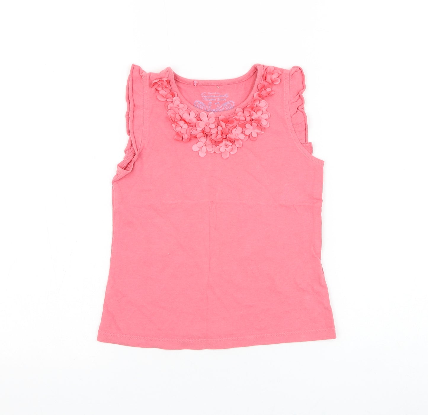 Preworn Girls Pink Cotton Basic Tank Size 5-6 Years Round Neck Pullover - Flower