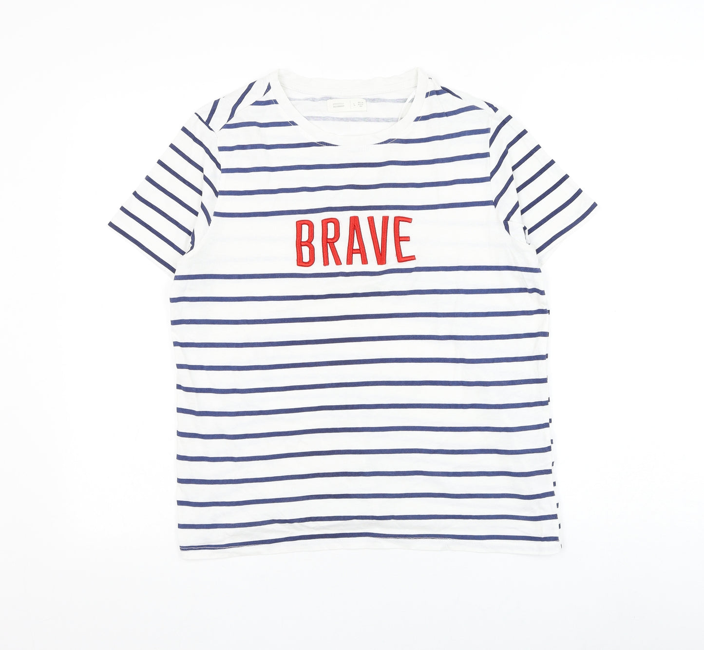 Springfield Womens White Striped Polyester Basic T-Shirt Size L Round Neck - Brave