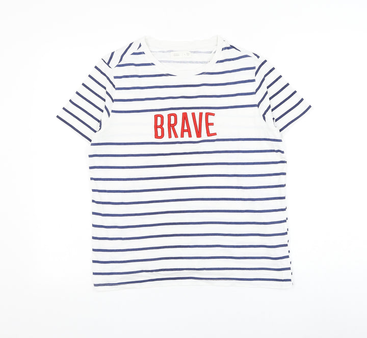 Springfield Womens White Striped Polyester Basic T-Shirt Size L Round Neck - Brave