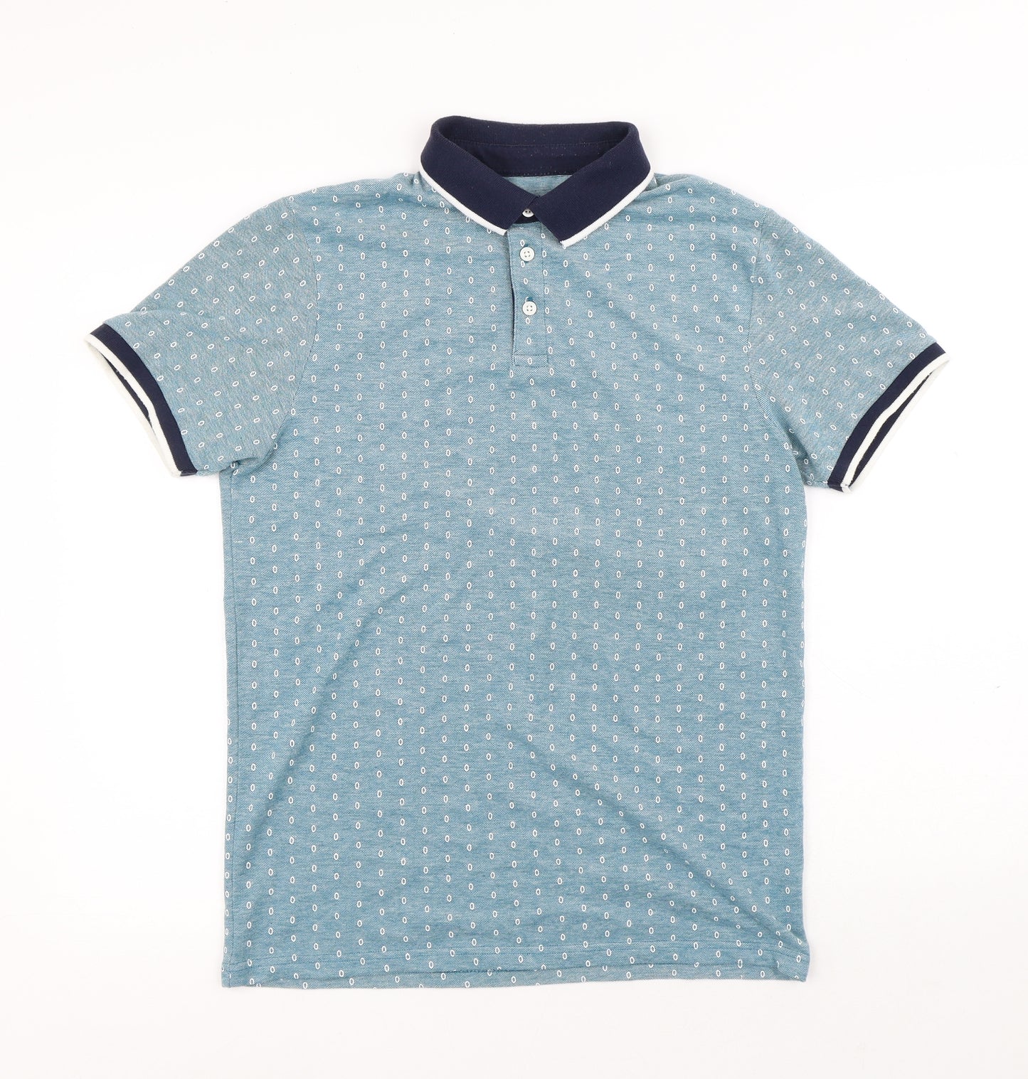 Primark Mens Blue Geometric Cotton Polo Size M Collared Button