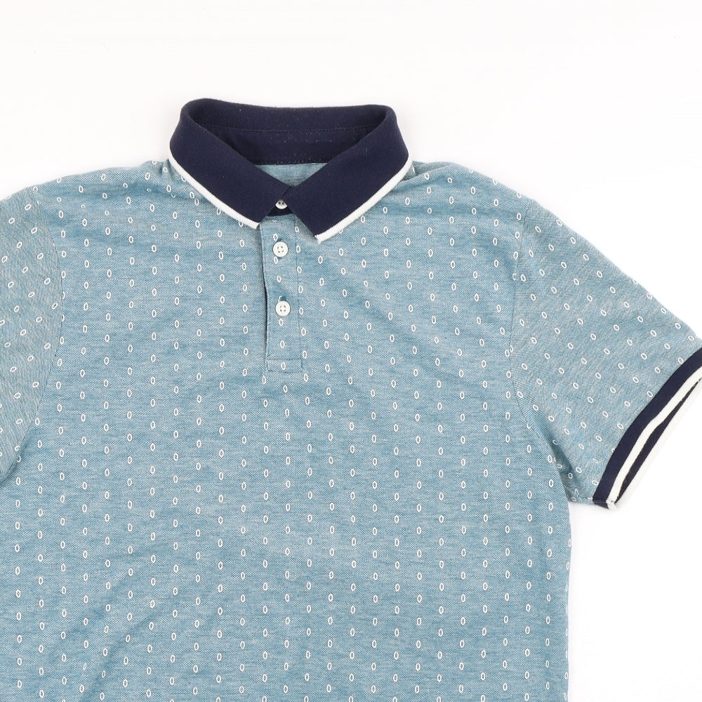 Primark Mens Blue Geometric Cotton Polo Size M Collared Button