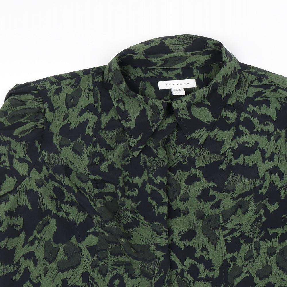 Topshop Womens Green Geometric Polyester Basic Button-Up Size 14 Collared