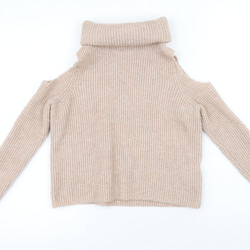 New Look Womens Beige Roll Neck Polyester Pullover Jumper Size 4 - Cold Shoulder