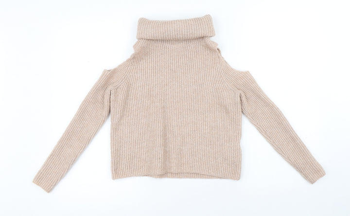 New Look Womens Beige Roll Neck Polyester Pullover Jumper Size 4 - Cold Shoulder