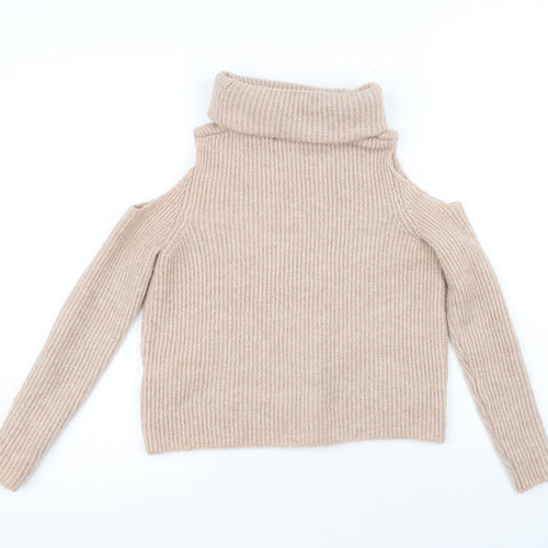 New Look Womens Beige Roll Neck Polyester Pullover Jumper Size 4 - Cold Shoulder