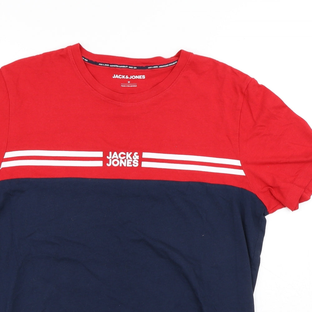JACK & JONES Mens Multicoloured Colourblock Cotton T-Shirt Size M Round Neck