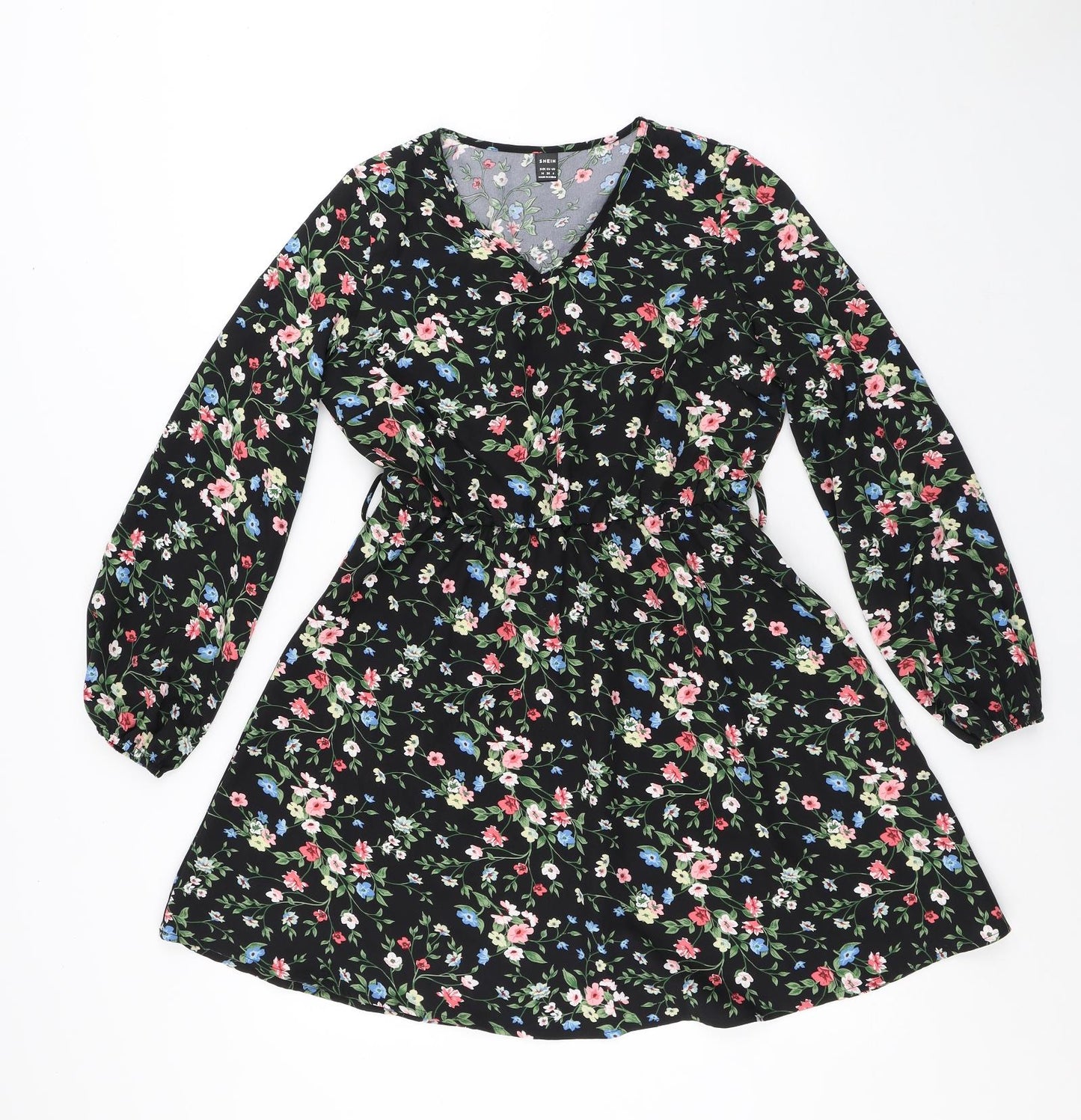SheIn Womens Black Floral Polyester Fit & Flare Size M V-Neck - Flowers