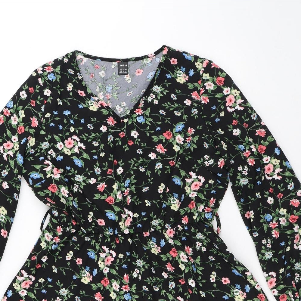 SheIn Womens Black Floral Polyester Fit & Flare Size M V-Neck - Flowers